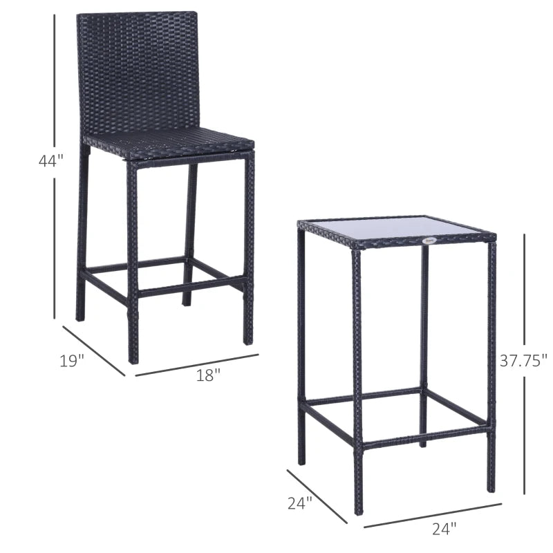 Outsunny 3pcs Rattan Bar Set with Glass