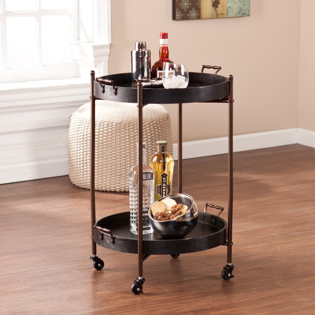 Wood And Iron Round Rolling Bar Cart