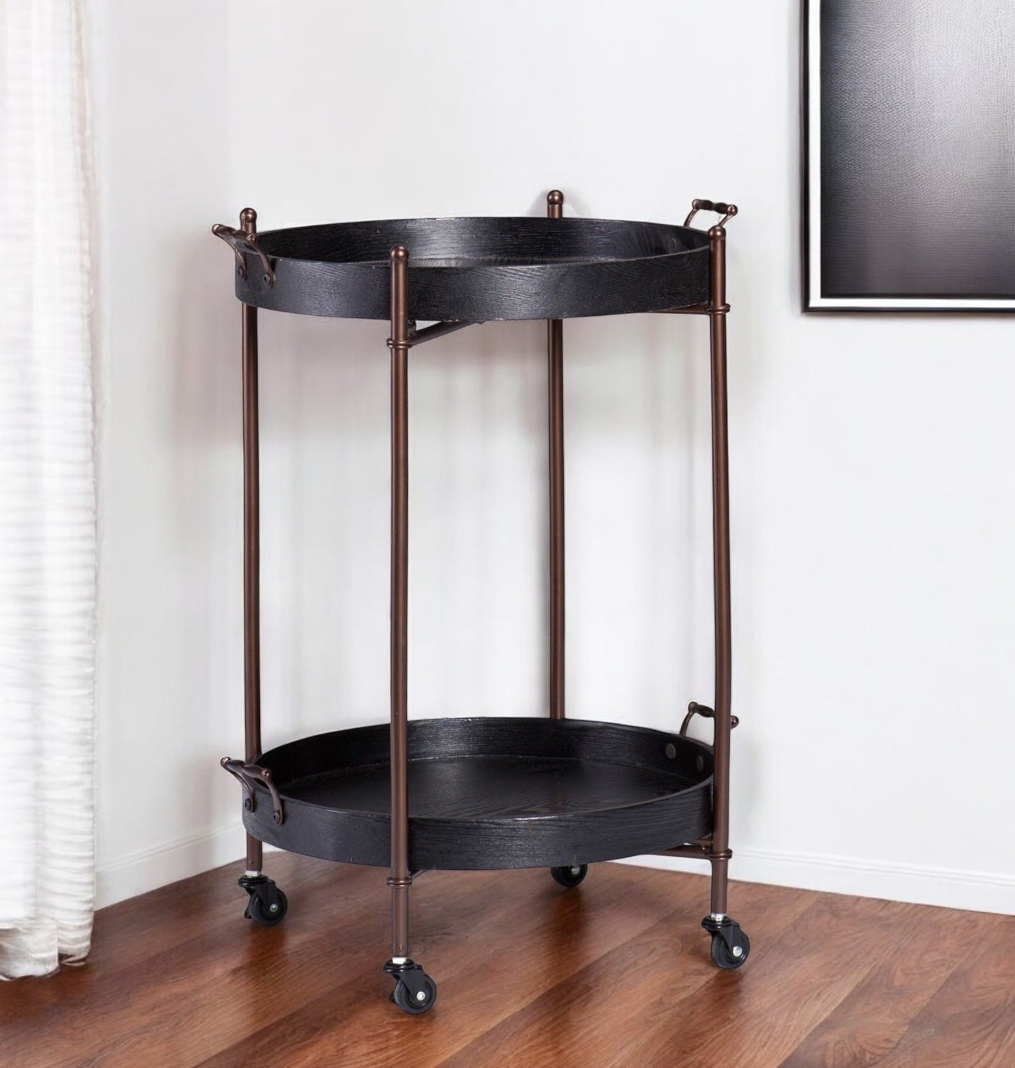 Wood And Iron Round Rolling Bar Cart