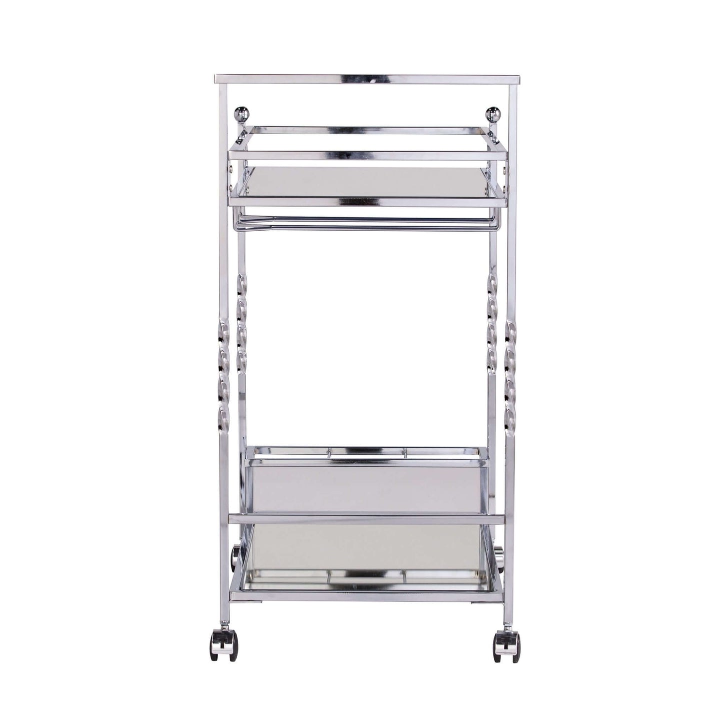 Silver Metal and Mirrored Glass Rolling Bar Cart With Wine Storage
