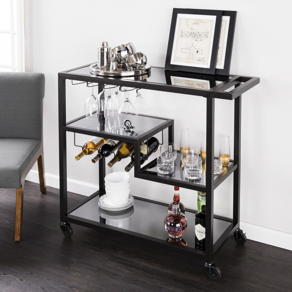 Black and Gray Mirrored Glass Bar Cart