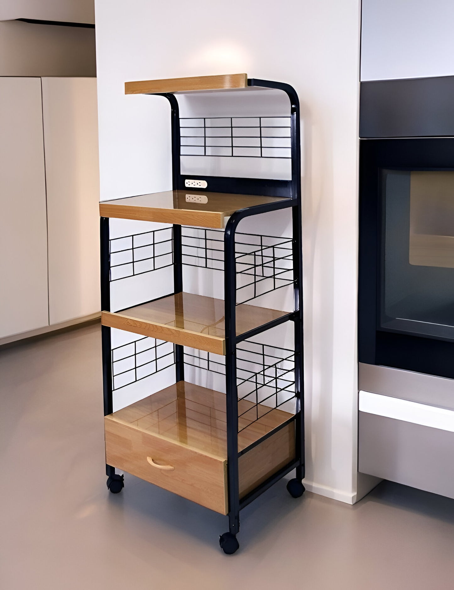 White and Natural 26" Rolling Kitchen Cart With Storage