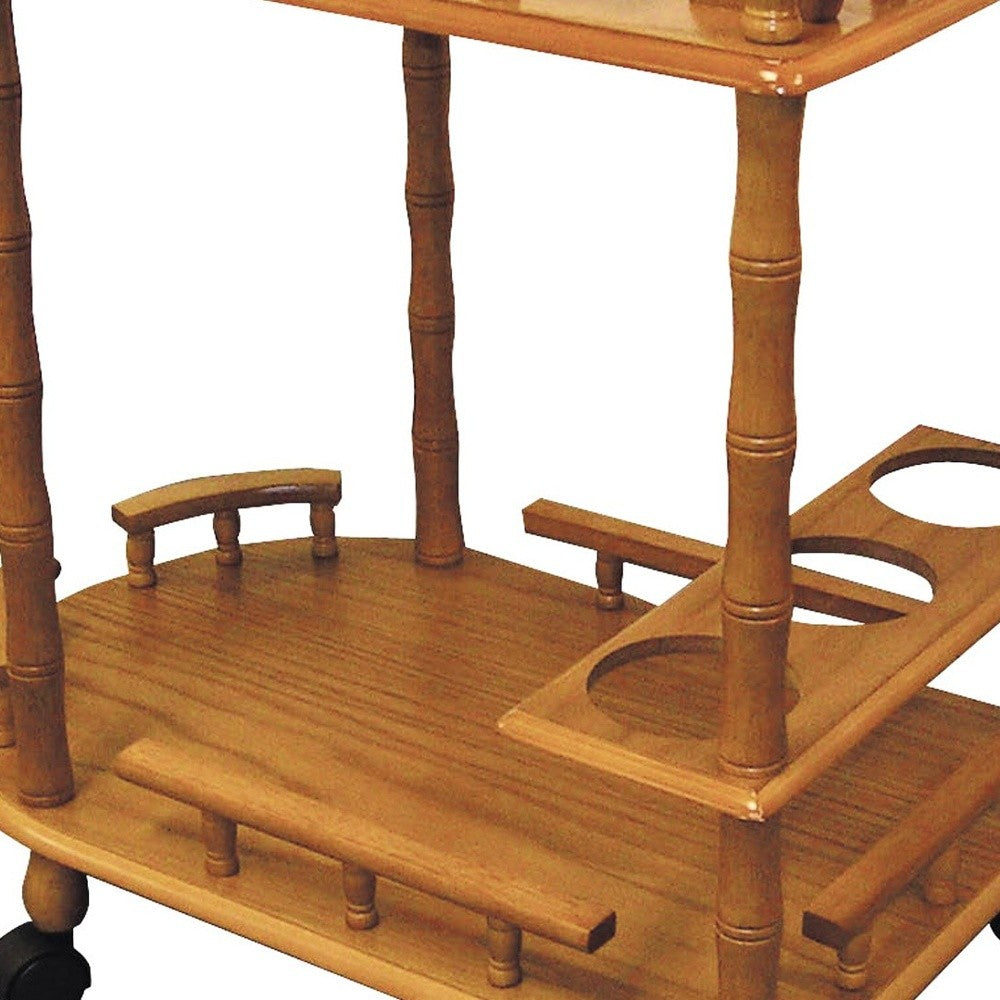 Oak Wood Rolling Bar Cart With Wine Storage
