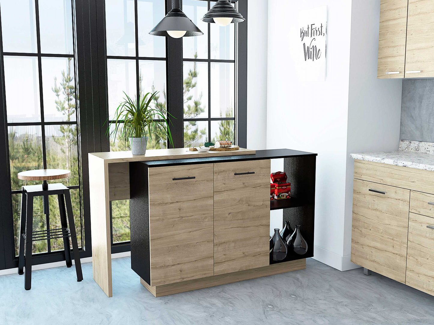 Natural 59" Kitchen Island With Storage