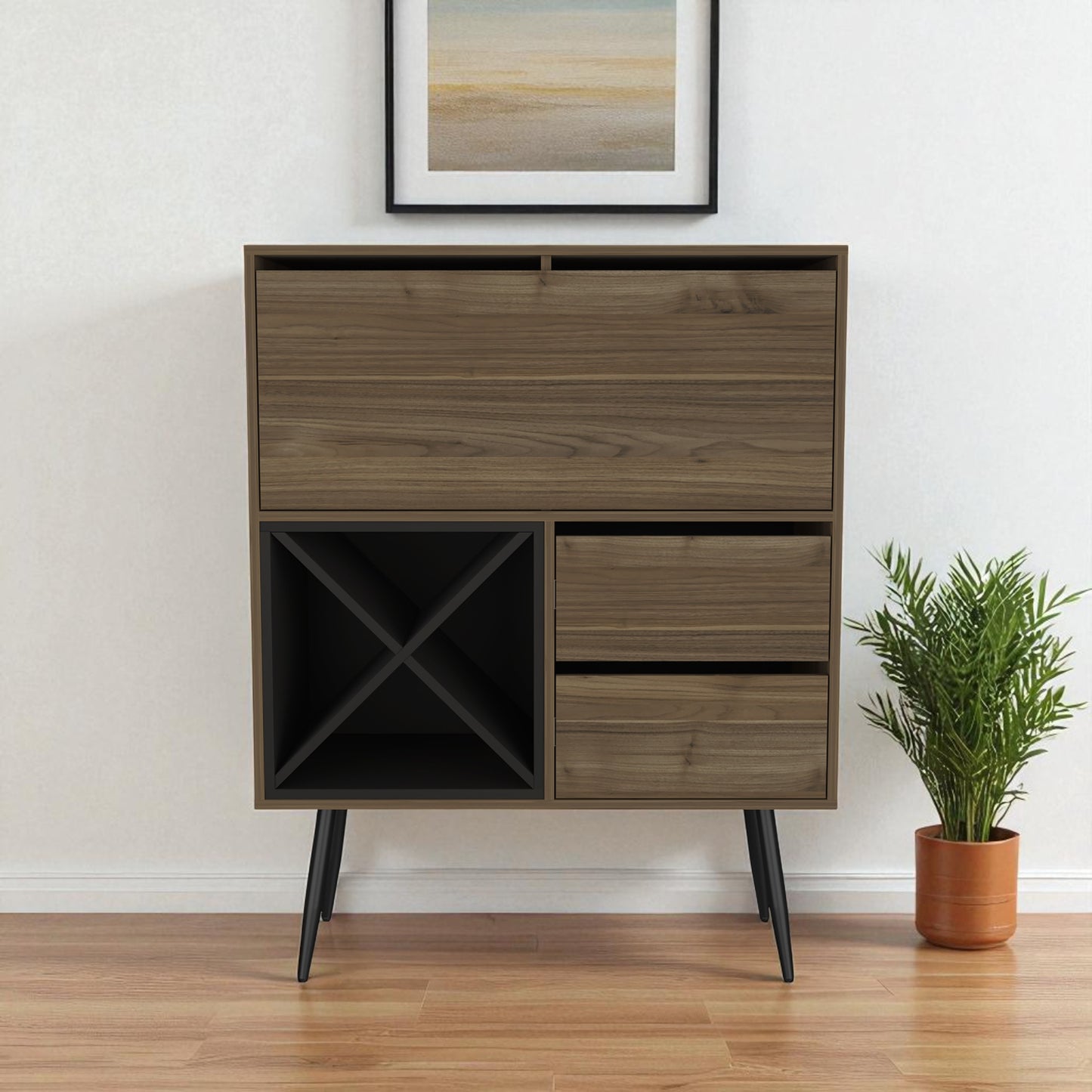 46" Dark Brown and Black Wood Console Bar Cabinet
