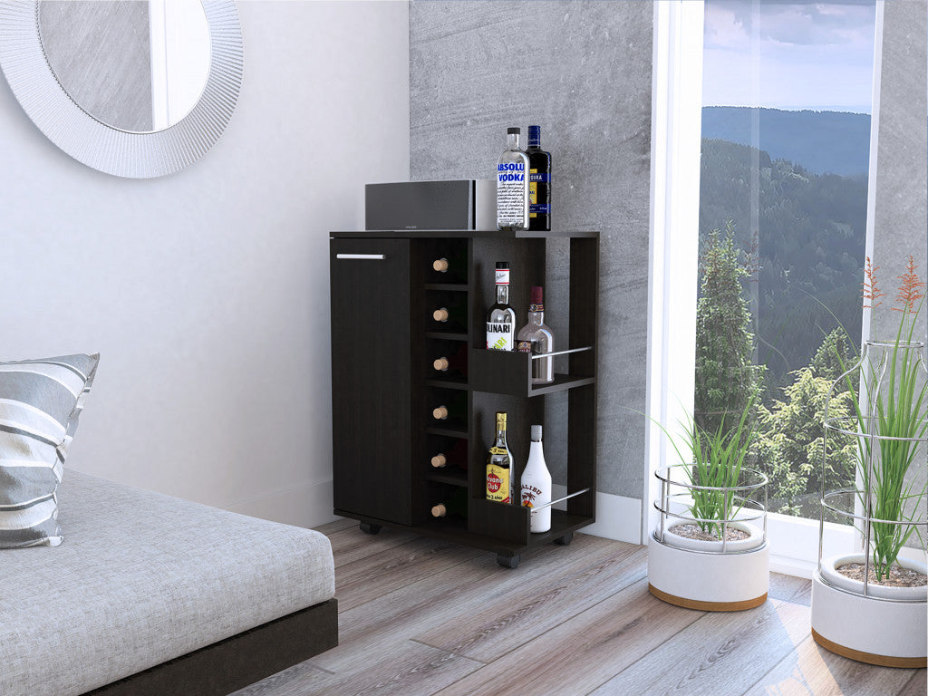 Black Rolling Bar Cabinet With Wine Storage