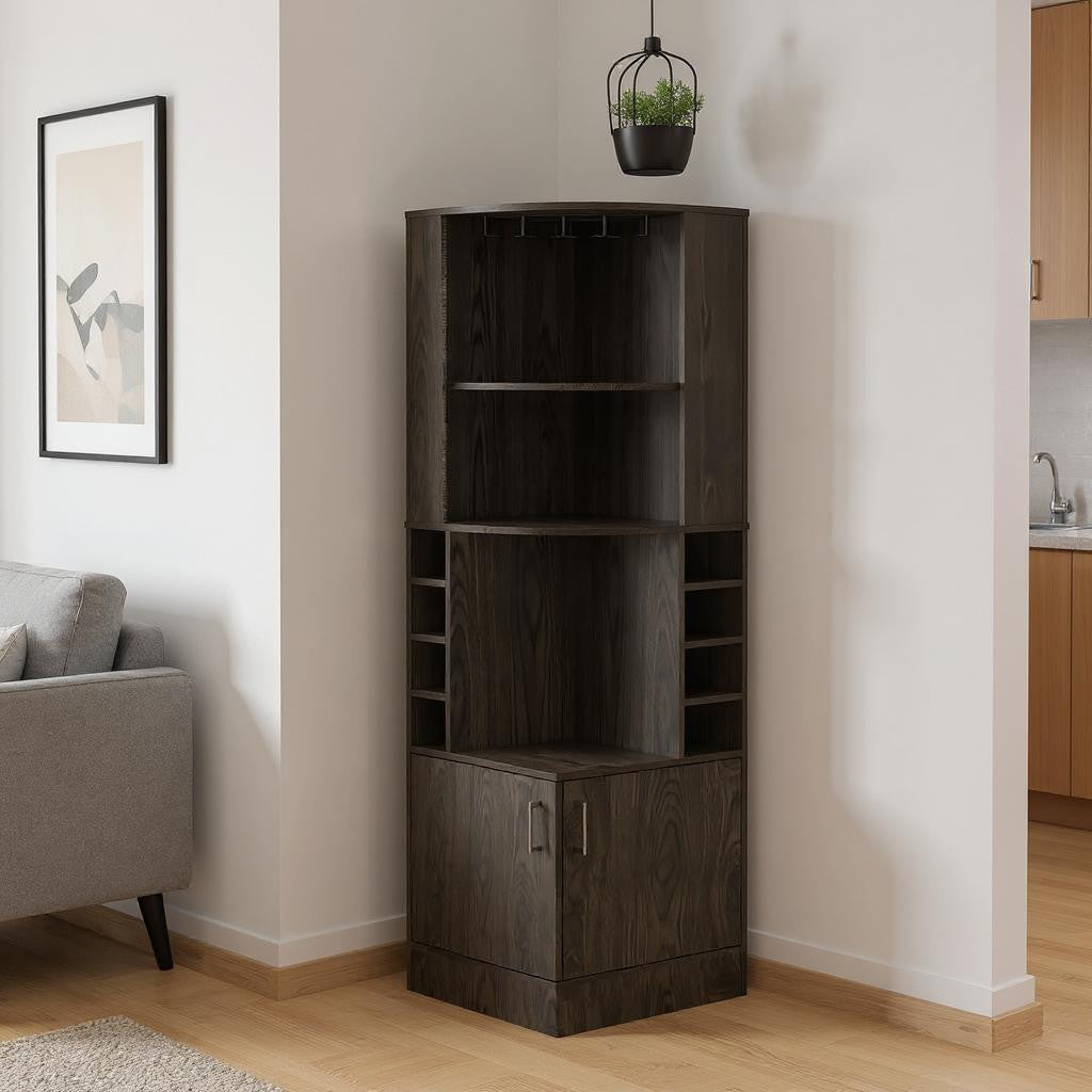 18" Natural Corner Bar Cabinet With Eleven Shelves