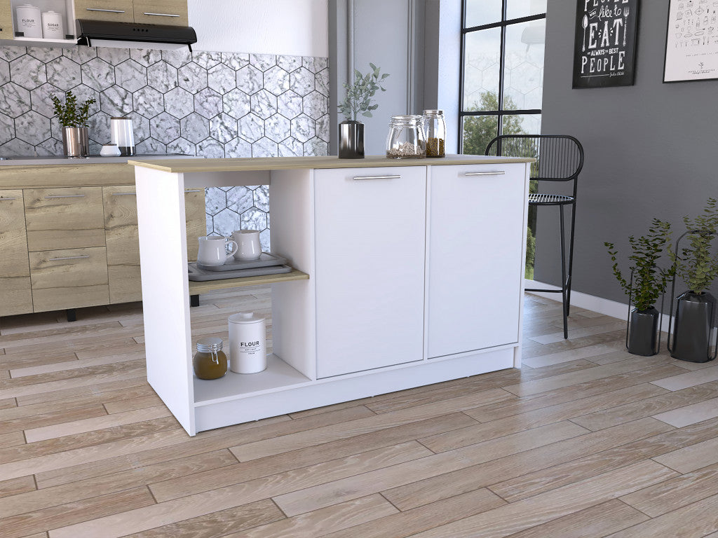 White and Brown 59" 25 Kitchen Island With Storage