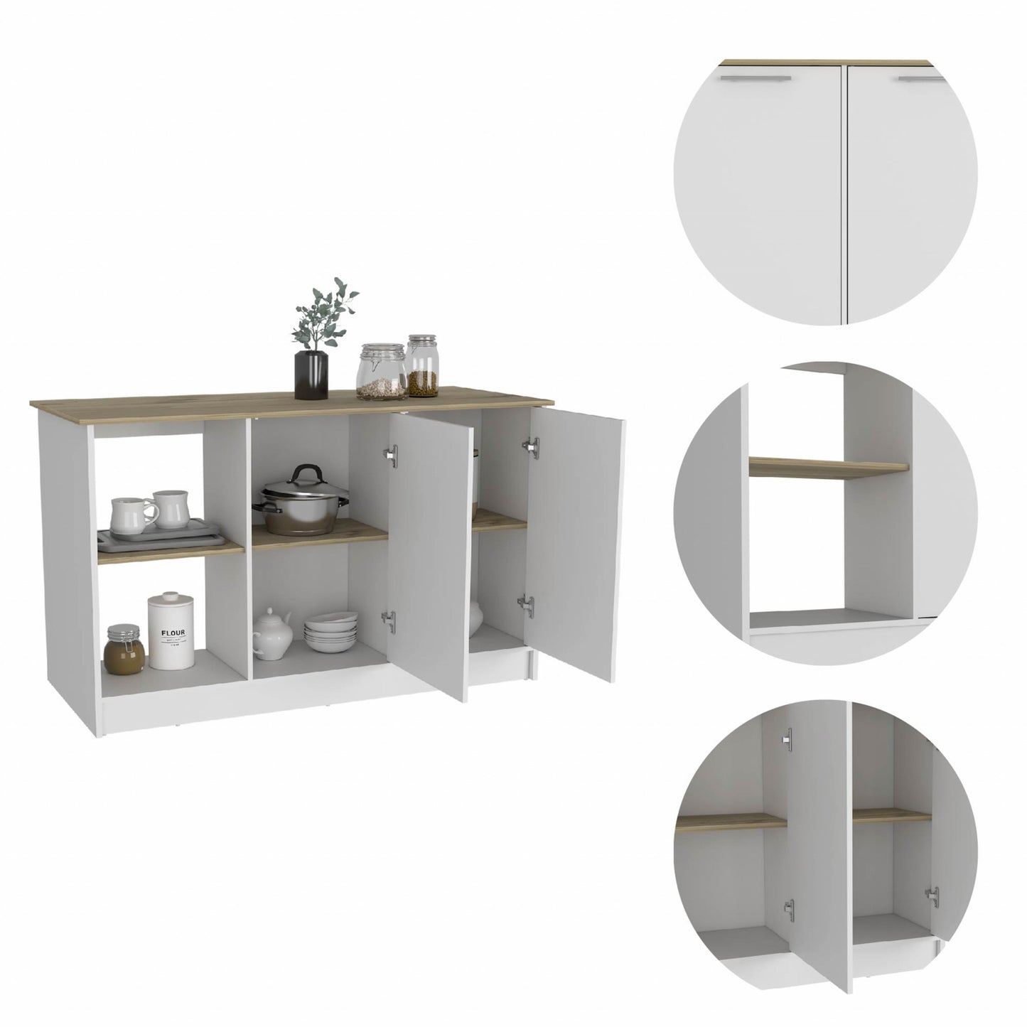 White and Brown 59" 25 Kitchen Island With Storage