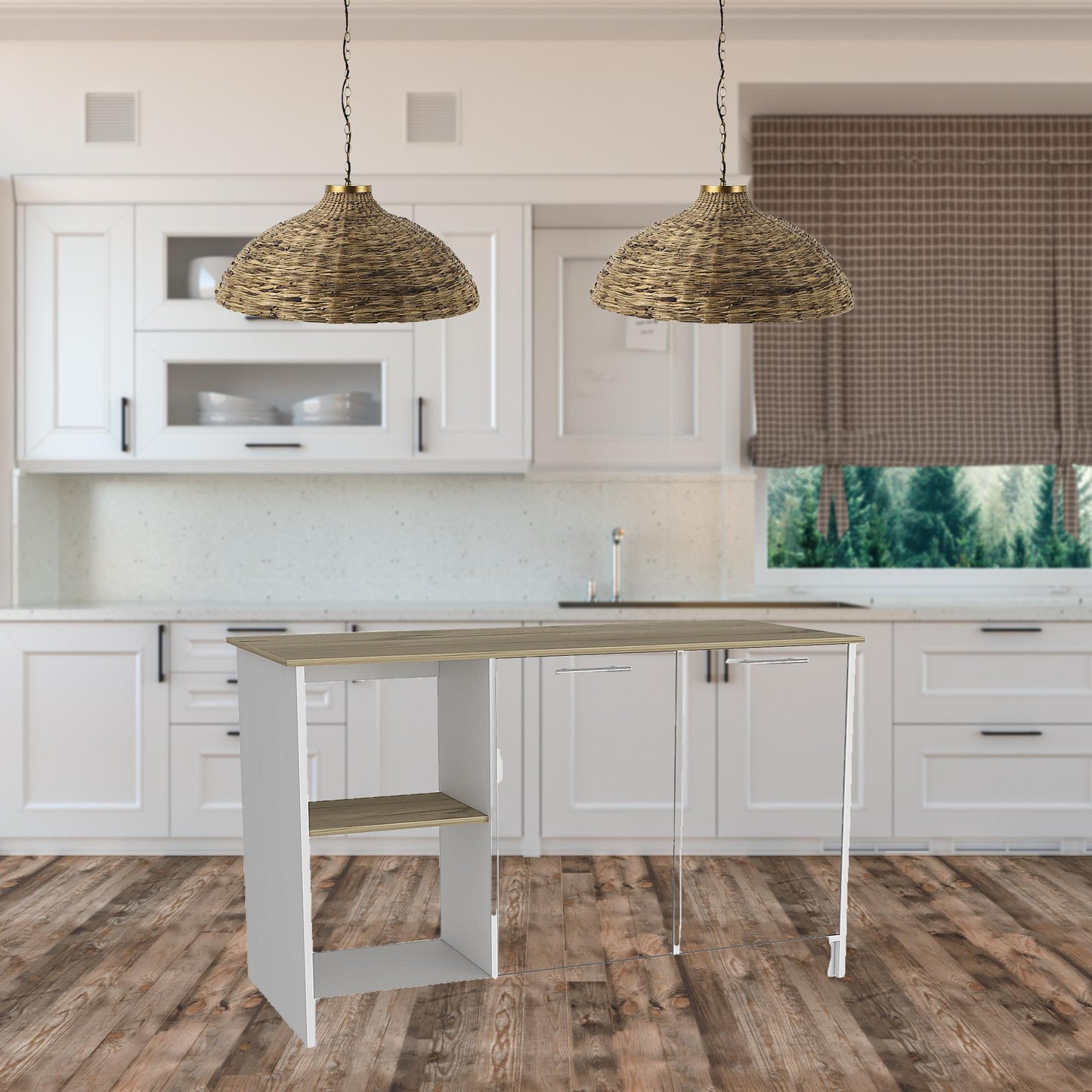White and Brown 59" 25 Kitchen Island With Storage