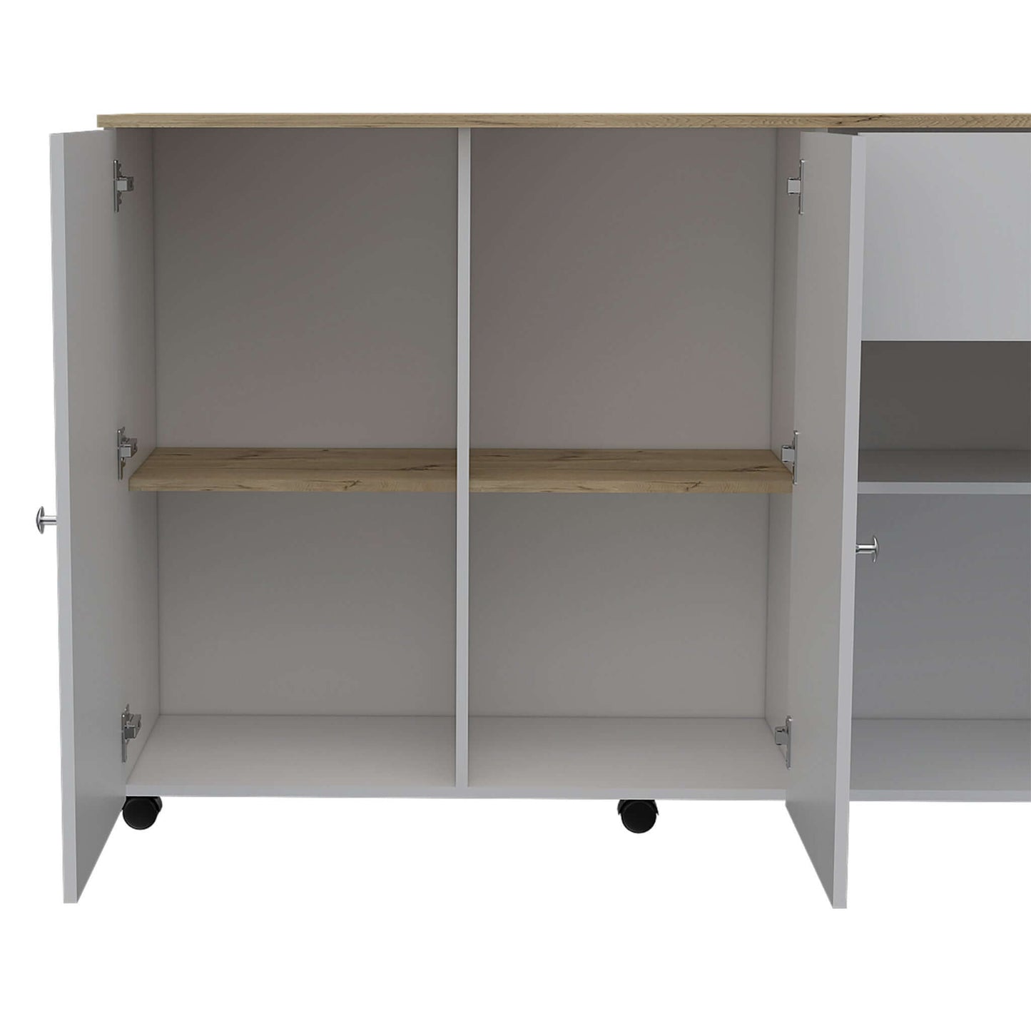 White and Natural 54" Rolling Kitchen Island With Storage