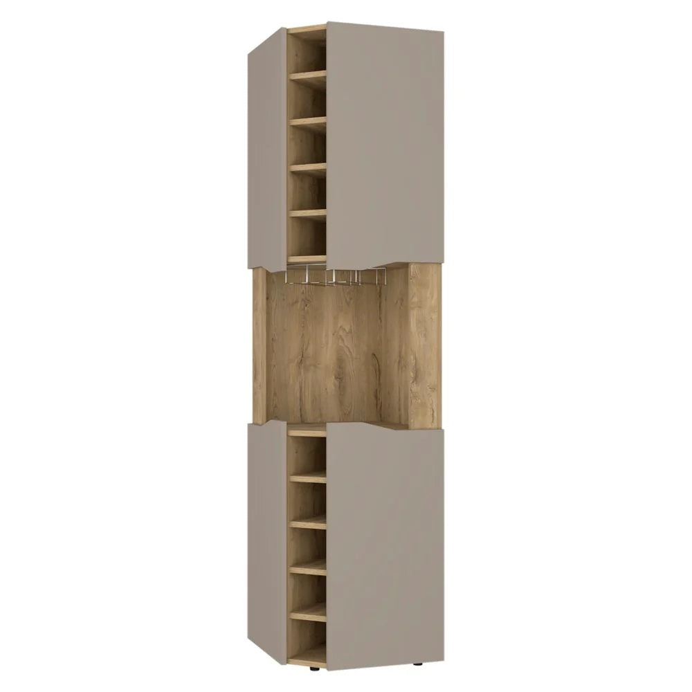 72" Brown and Taupe Wood Corner Bar Cabinet With Four Doors