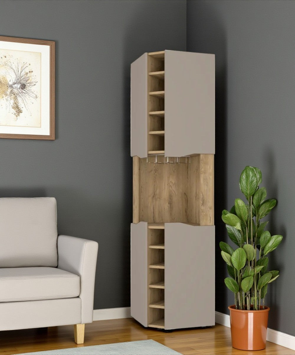 72" Brown and Taupe Wood Corner Bar Cabinet With Four Doors