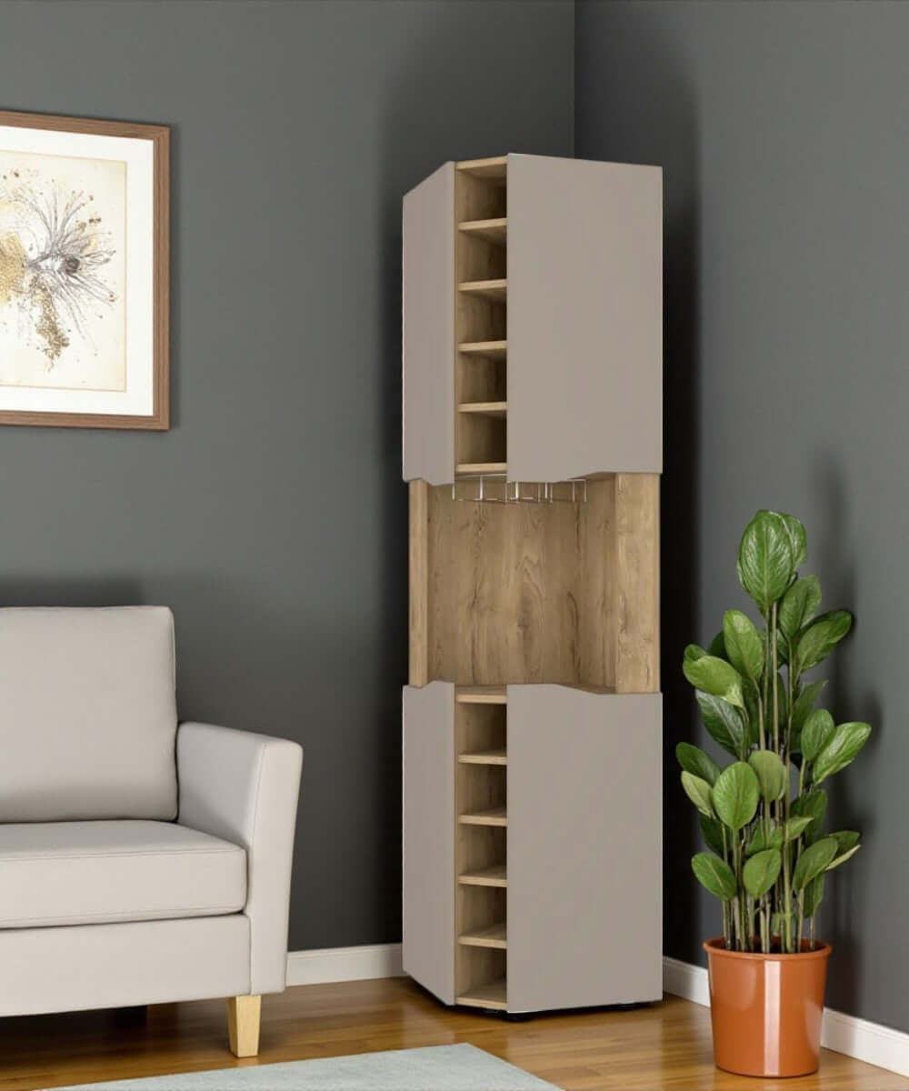 72" Brown and Taupe Wood Corner Bar Cabinet With Four Doors