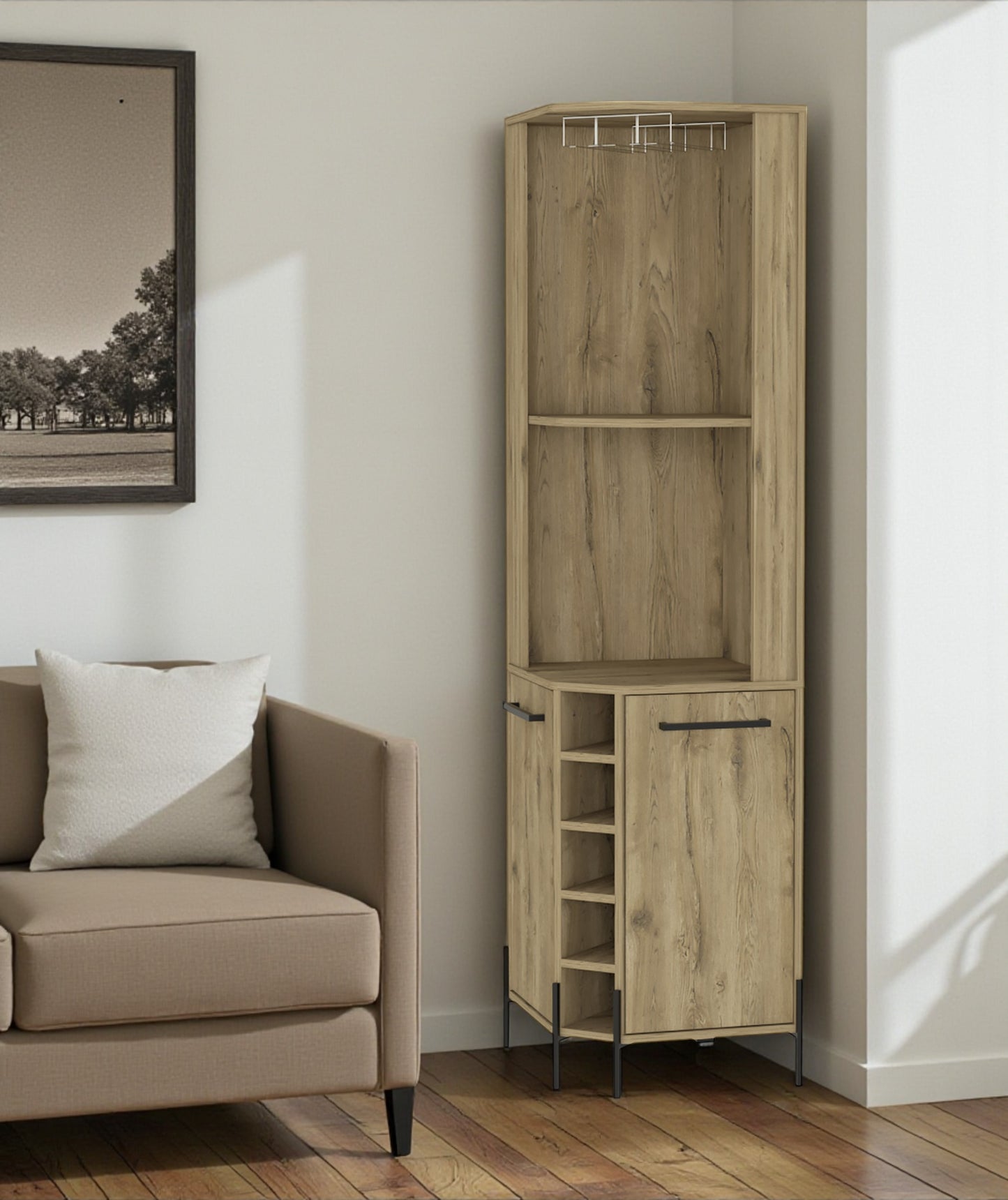 18" Natural Corner Bar Cabinet With Eleven Shelves