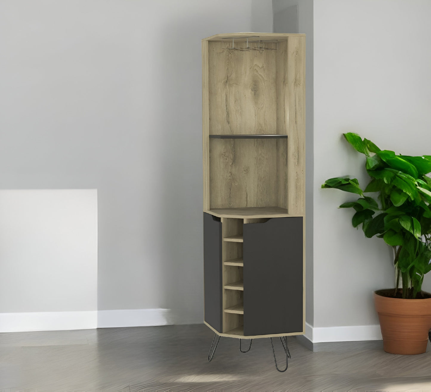 18" Natural Corner Bar Cabinet With Eleven Shelves