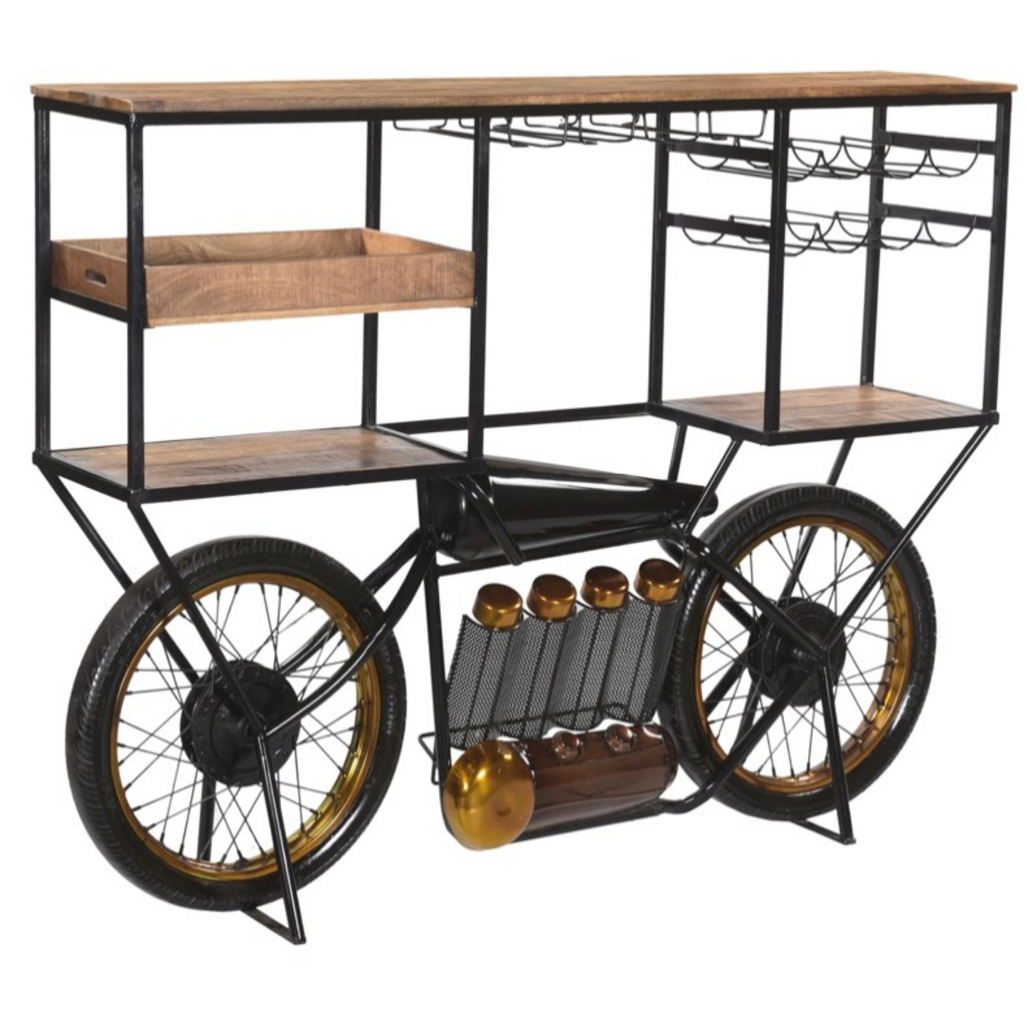 Metal And Solid Wood Bar Cart With Wine Storage
