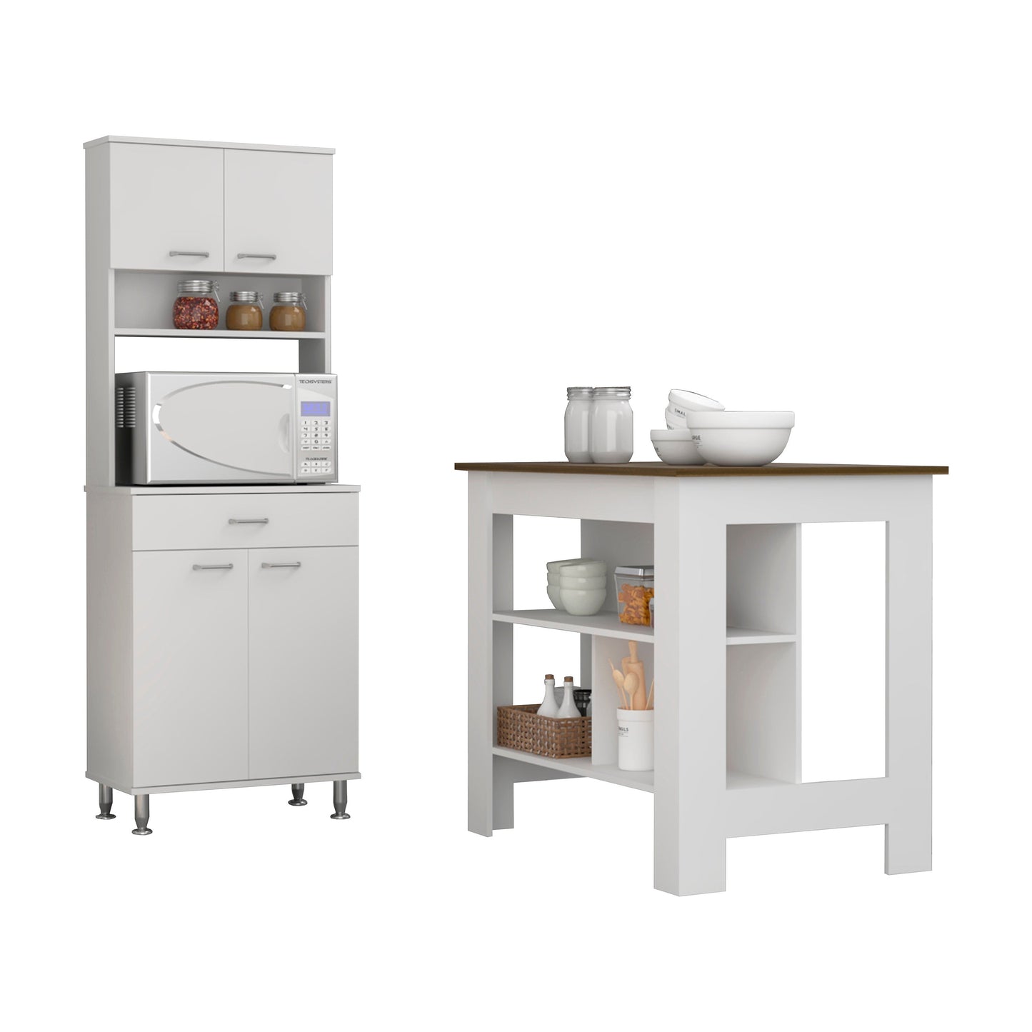 41" Walnut and White Wood Kitchen Island Set With Storage