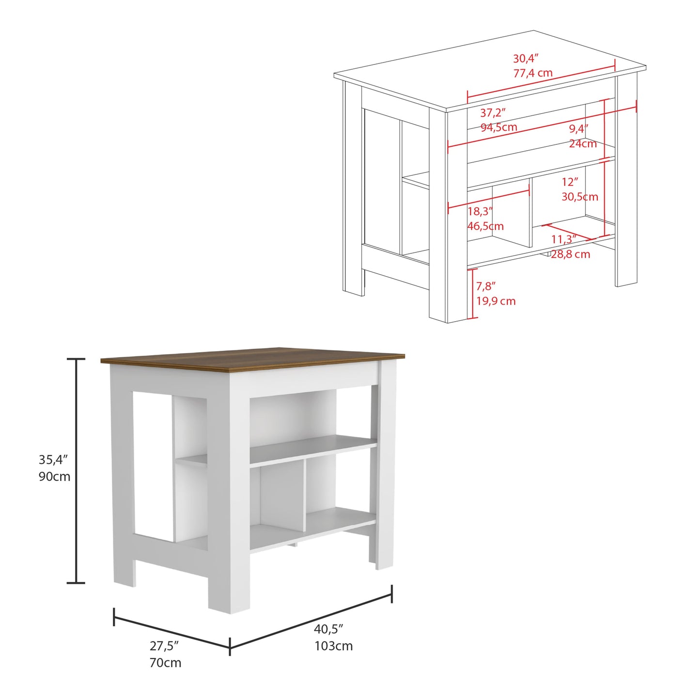 41" Walnut and White Wood Kitchen Island Set With Storage