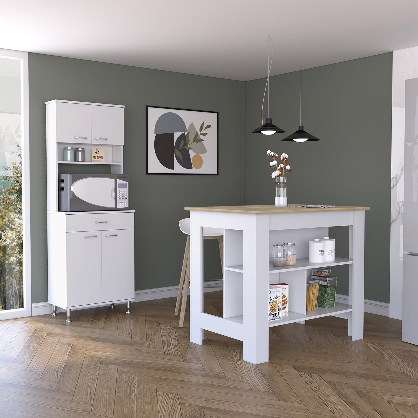 41" Natural and White Wood Kitchen Island Set With Storage