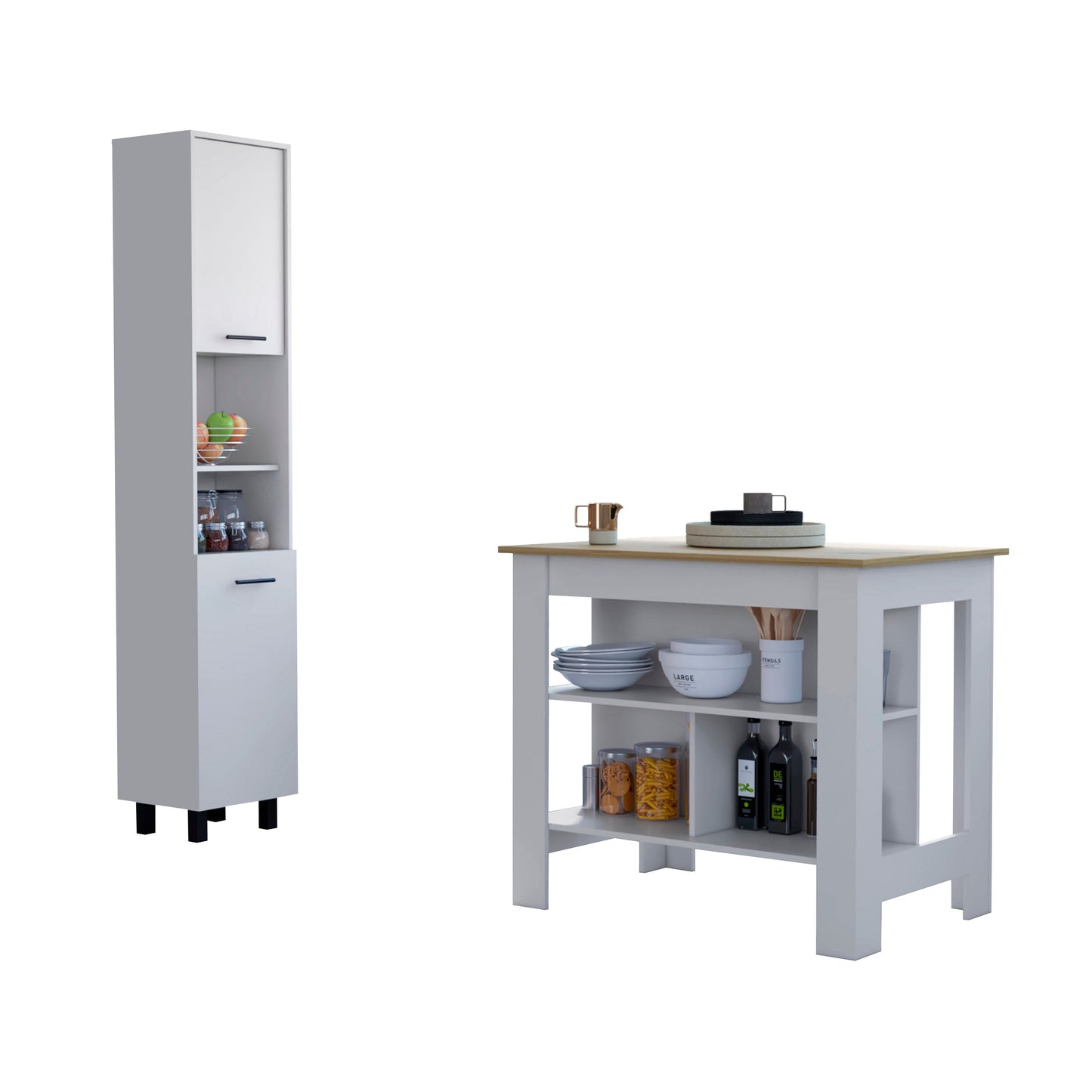 41" Oak and White Wood Kitchen Island Set