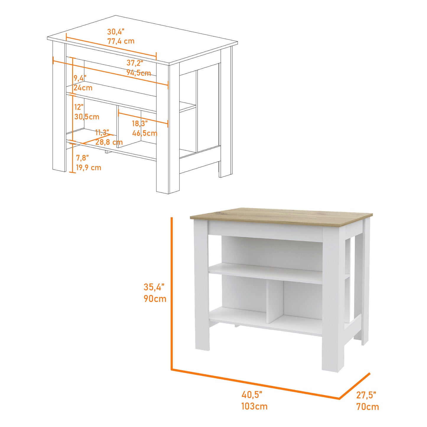 41" Oak and White Wood Kitchen Island Set