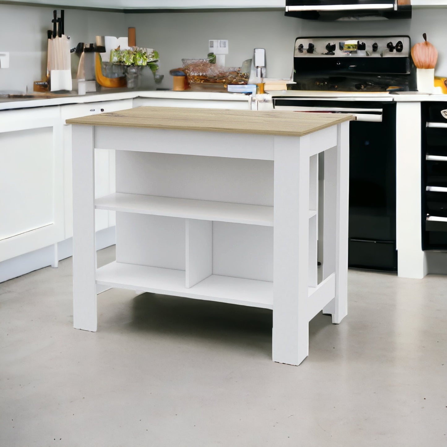 41" Oak and White Wood Kitchen Island Set