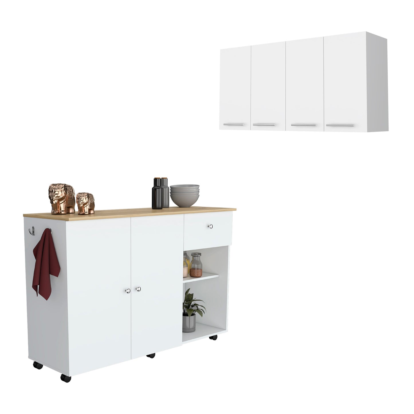 54" Oak and White Wood Rolling Kitchen Island Set With Storage