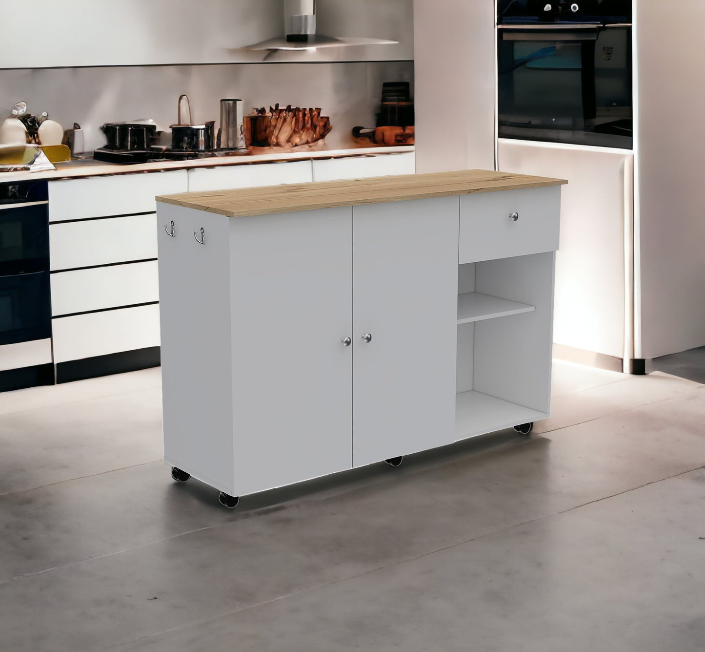 54" Oak and White Wood Rolling Kitchen Island Set With Storage