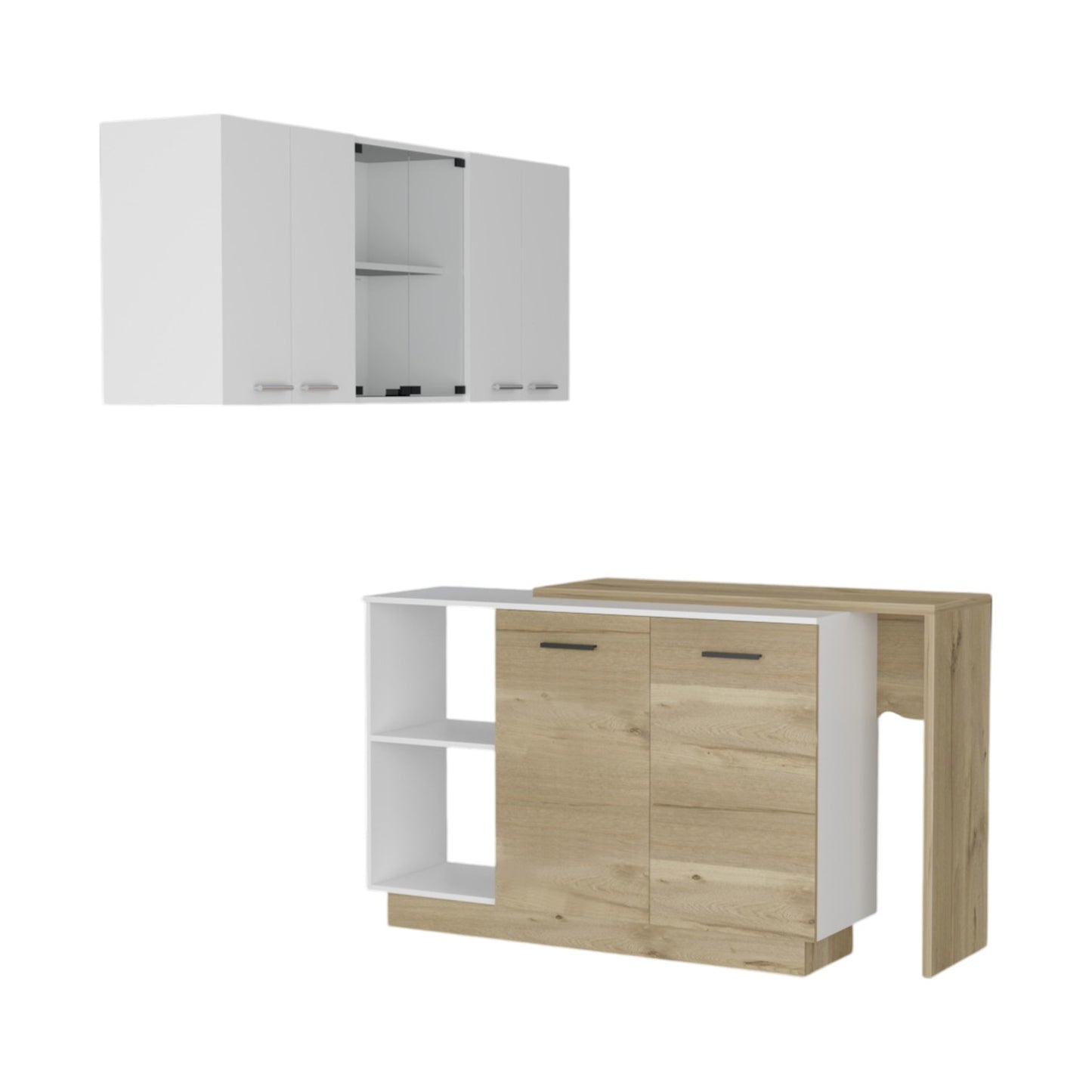 59" Natural White and Brown Wood Kitchen Island Set