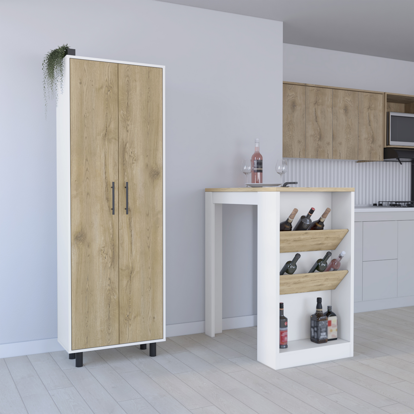 Two Sets of White Oak Wood Kitchen Island And Pantry Cabinet