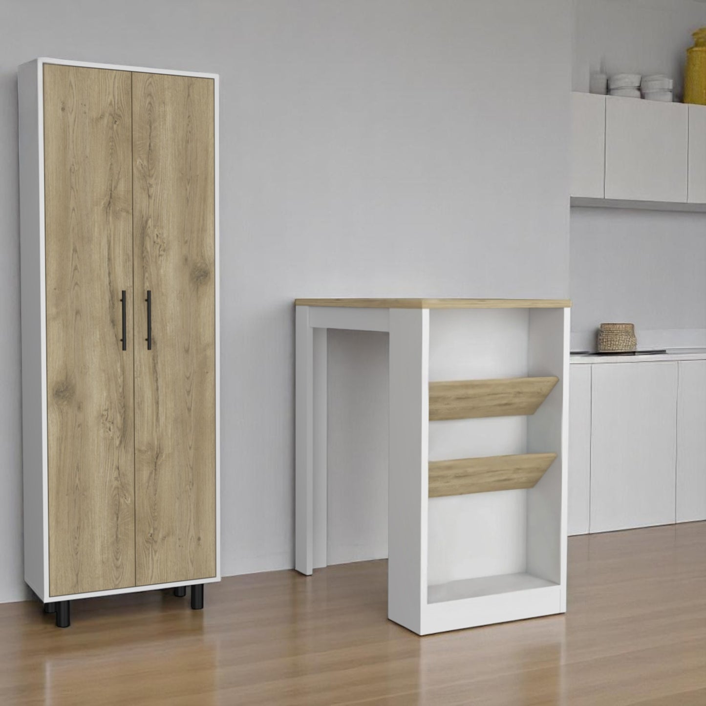 Two Sets of White Oak Wood Kitchen Island And Pantry Cabinet