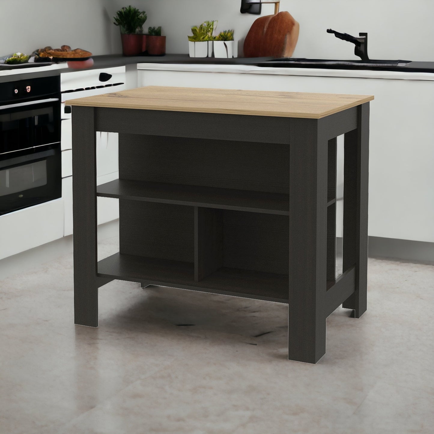 41" Natural and Black Wood Kitchen Island With Storage