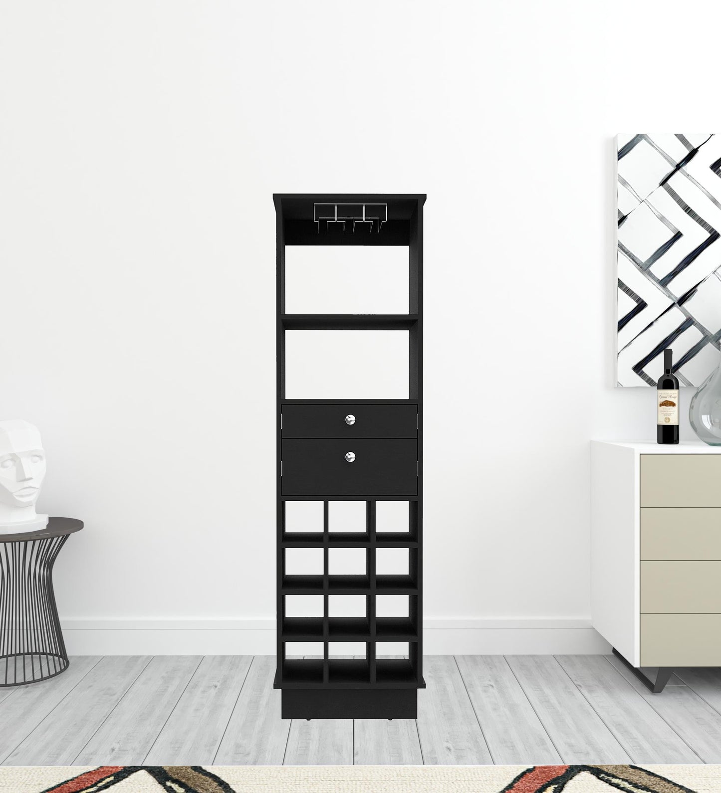 63" Black Wood Bar Cabinet With Two Drawers