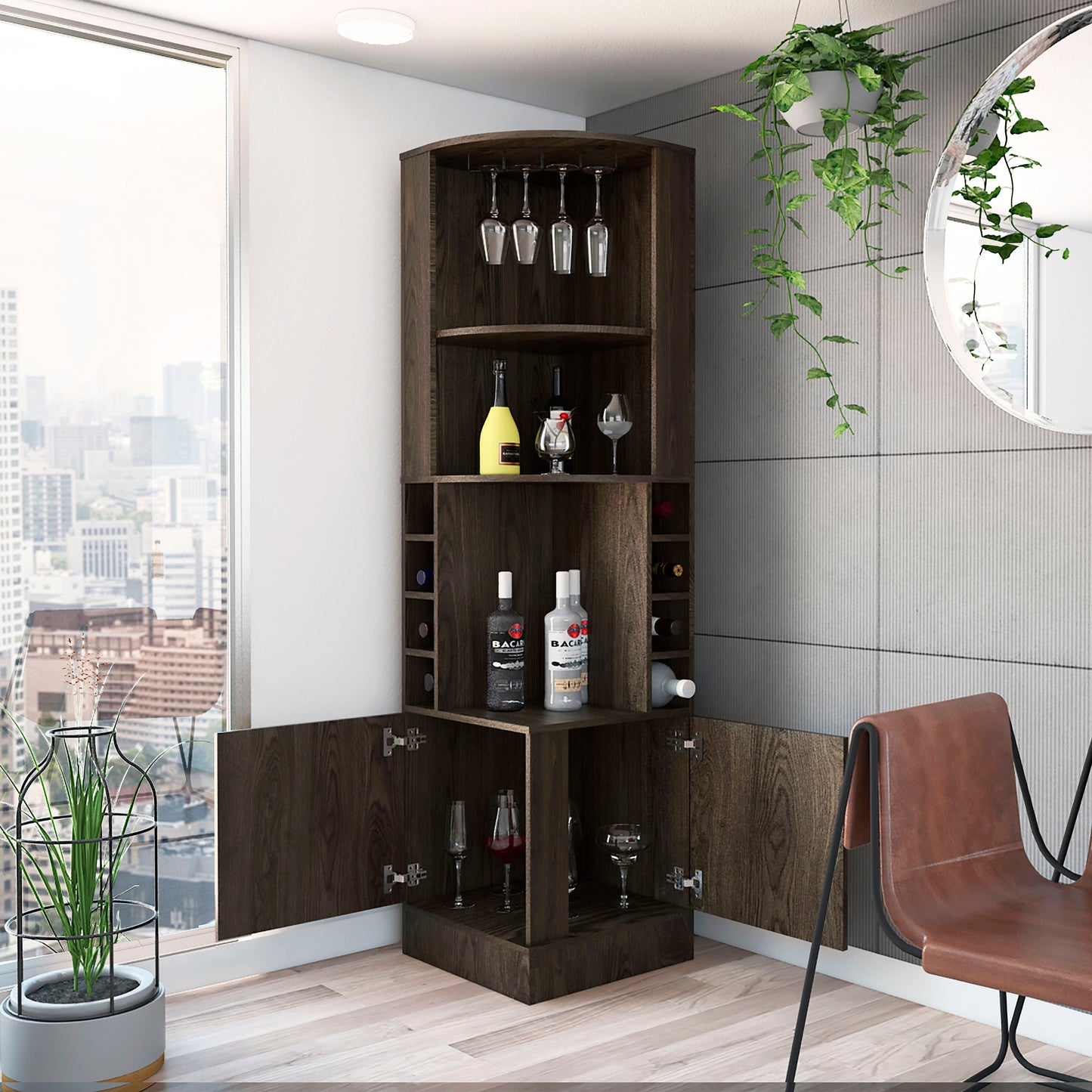 18" Natural Corner Bar Cabinet With Eleven Shelves