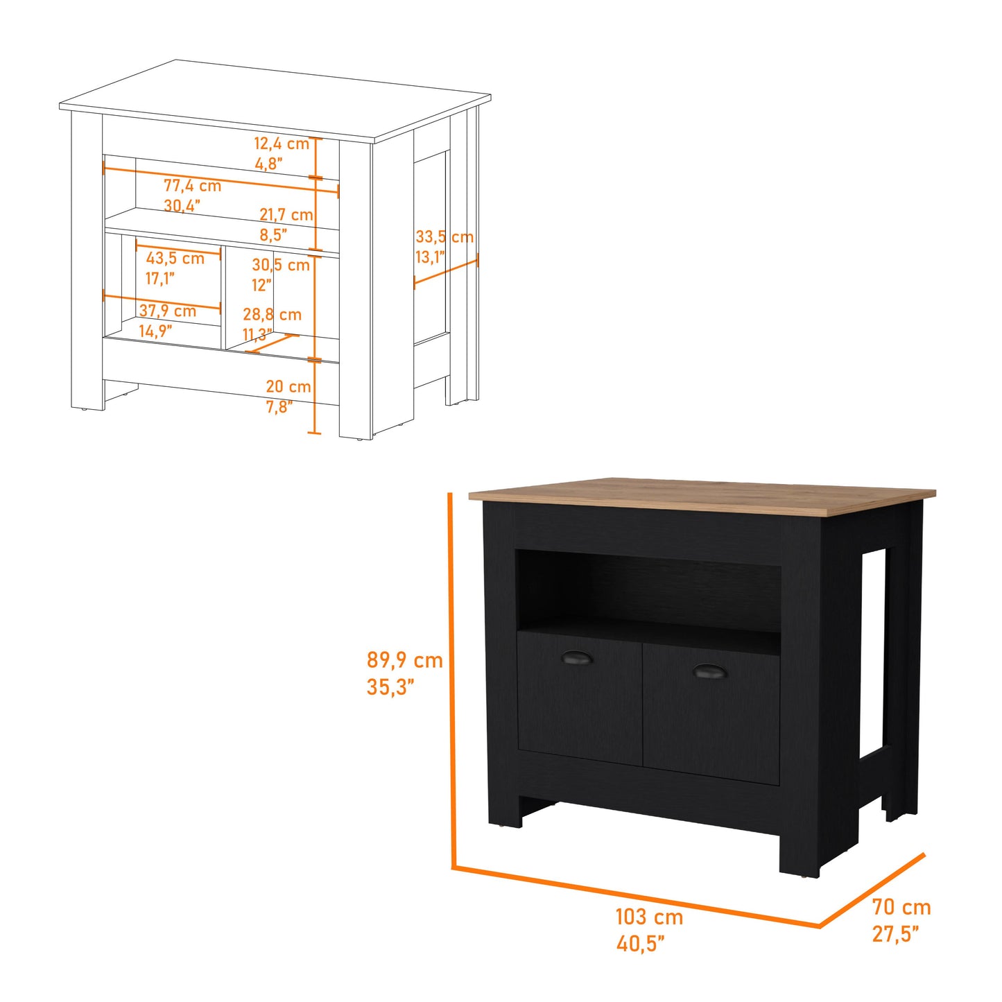 41" Natural and Black Wood Kitchen Island With Storage