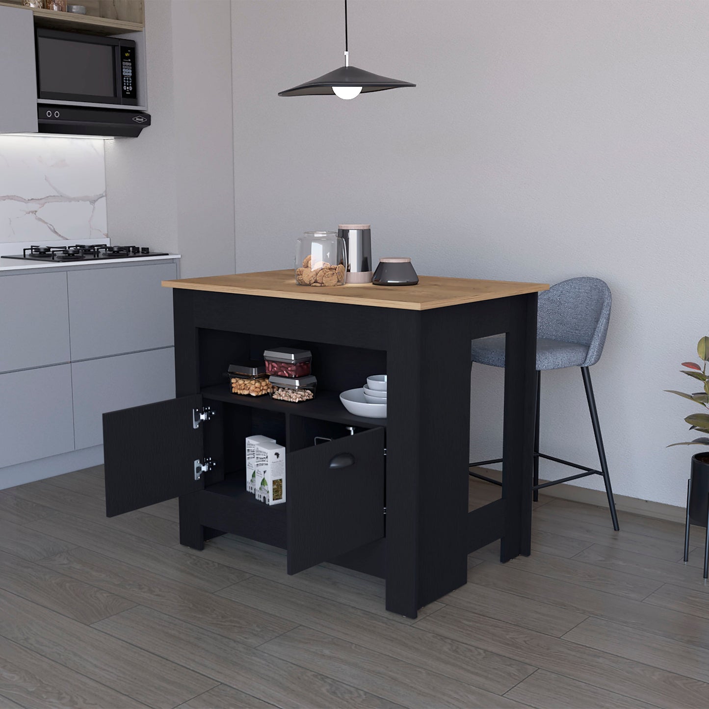 41" Natural and Black Wood Kitchen Island With Storage