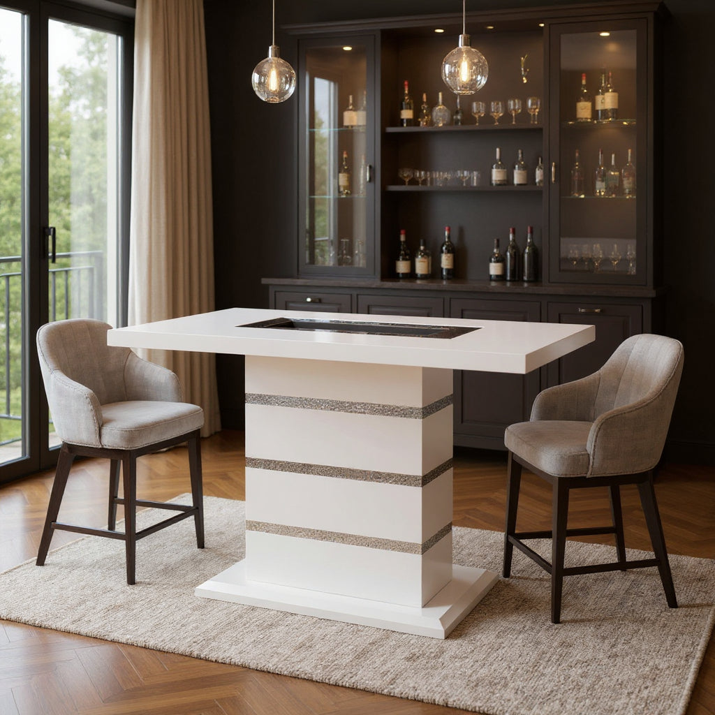 63" White Silver And Black Glass Faux Crystal And Wood Rectangular Bar Table