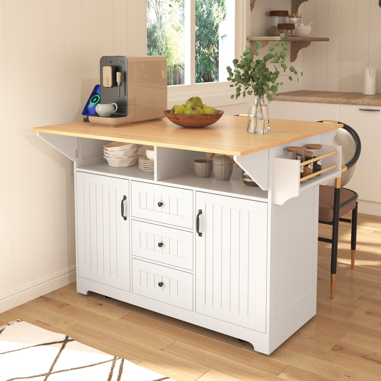 56" Wood Rolling Kitchen Island With Storage