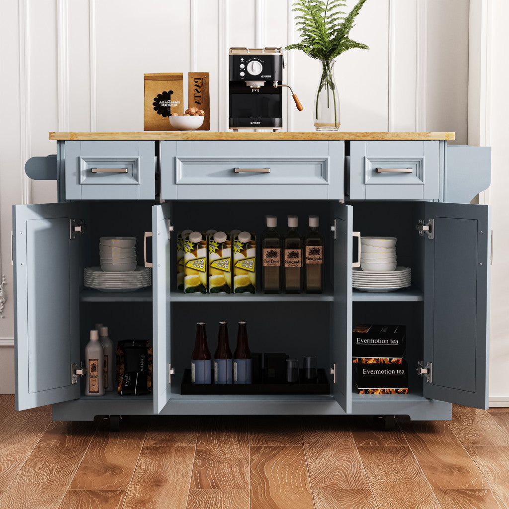 54" Light Blue Wood Rolling Kitchen Island With Storage