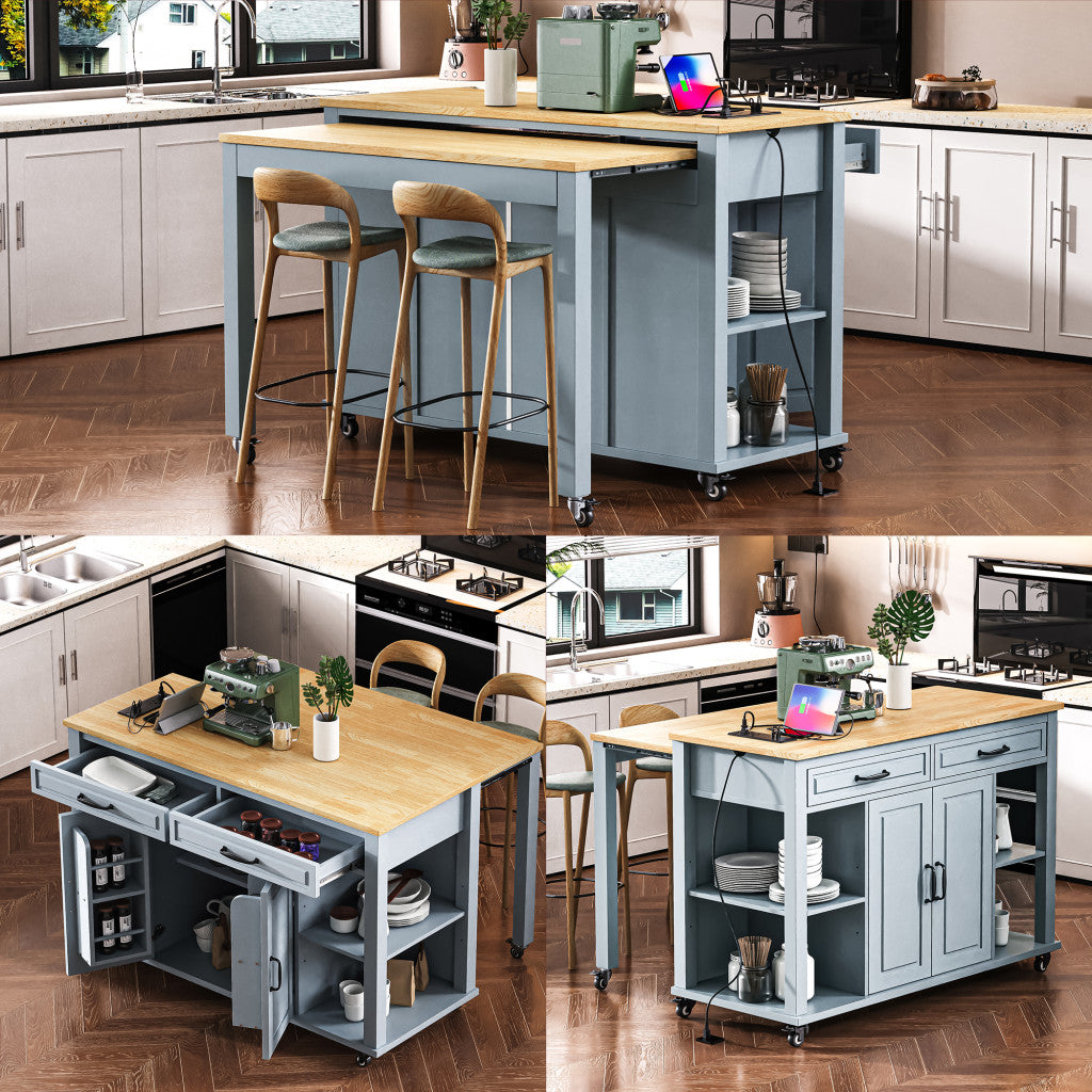 47" Light Blue Wood Rolling Kitchen Island With Storage