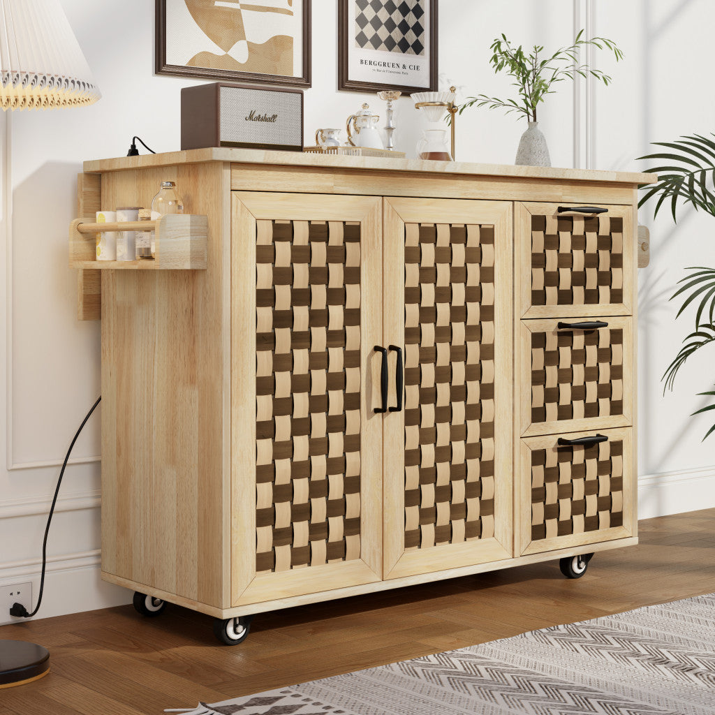 53" Natural Wood Rolling Kitchen Island