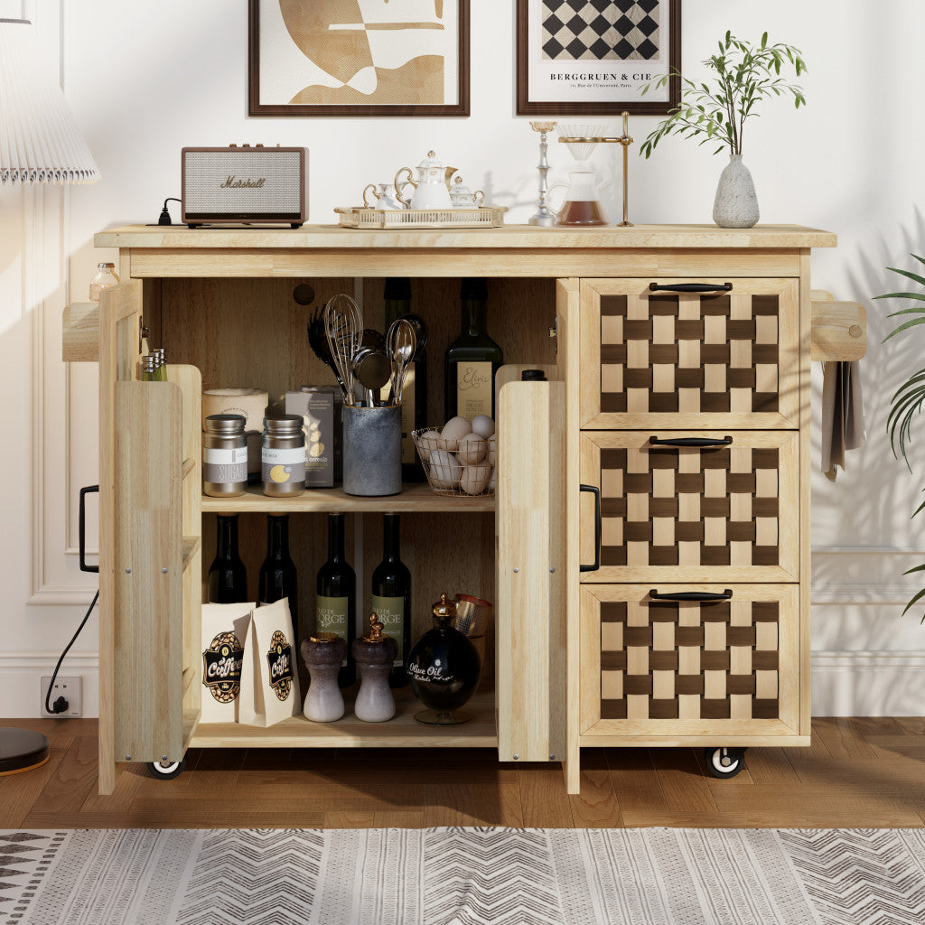 53" Natural Wood Rolling Kitchen Island