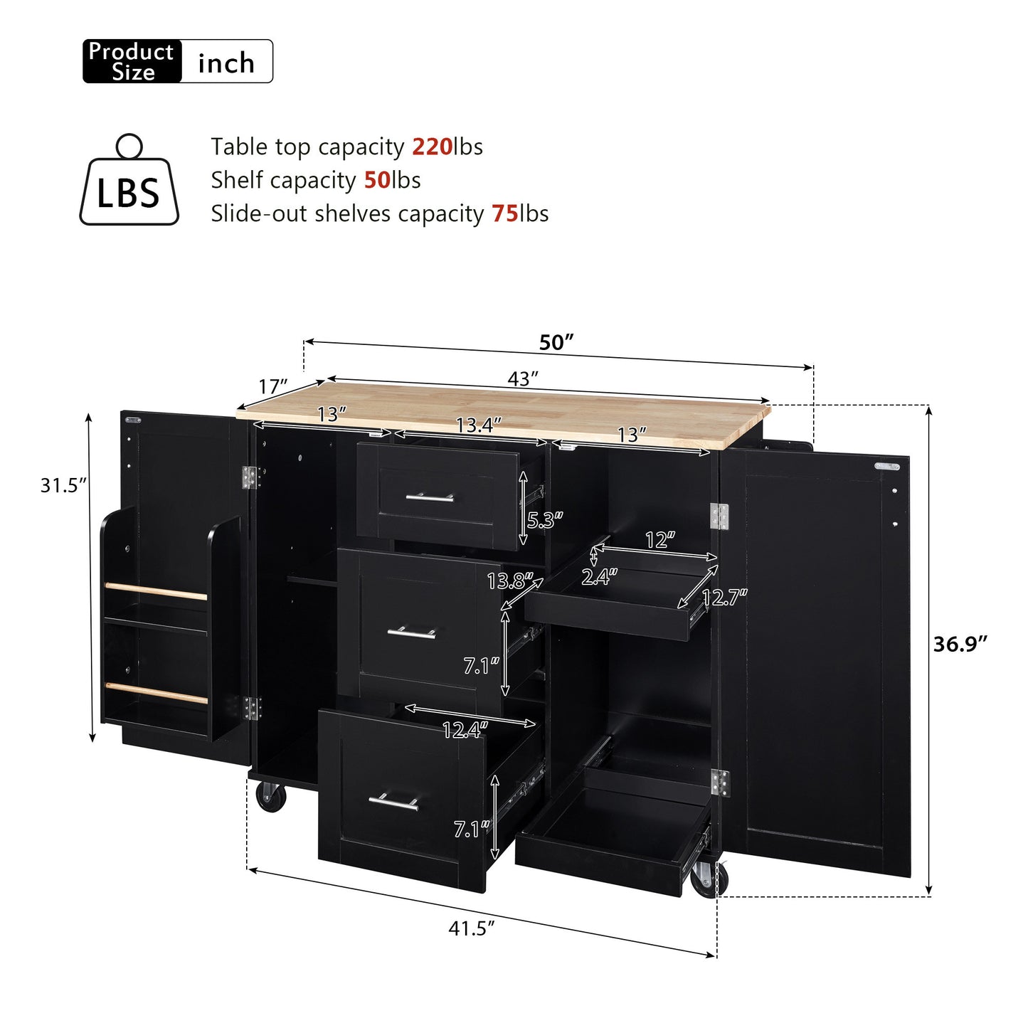50" Rolling Kitchen Island