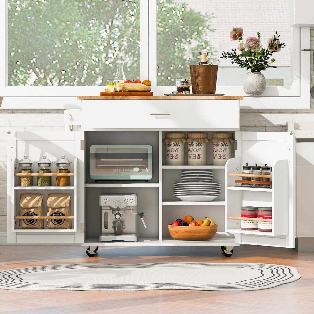 39" White Wood Rolling Kitchen Island