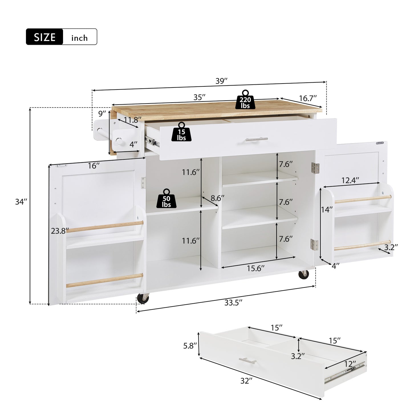 39" White Wood Rolling Kitchen Island