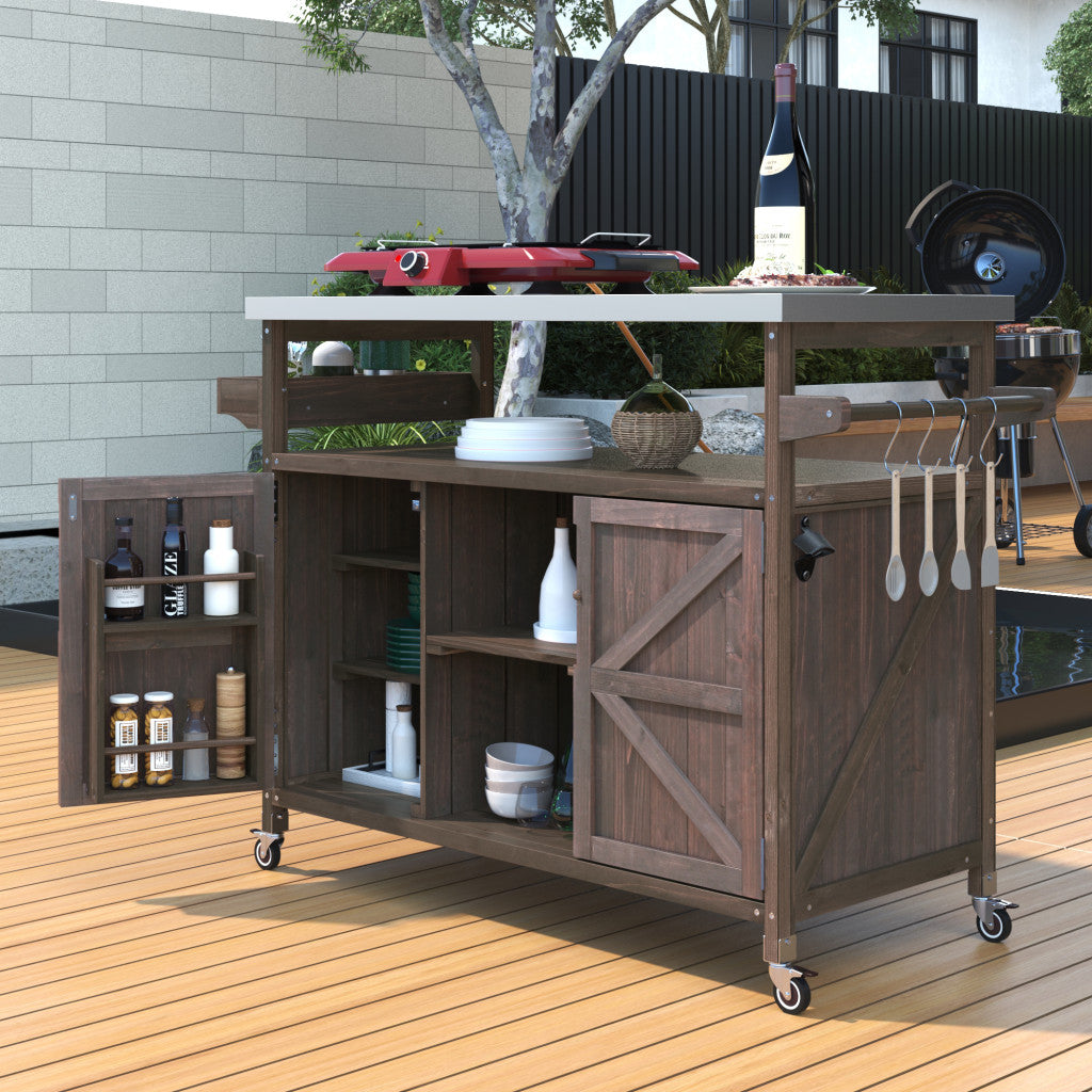 50" Natural Wood Rolling Kitchen Island With Storage