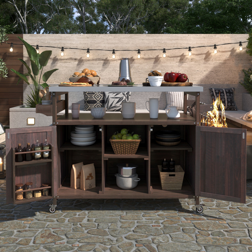 50" Natural Wood Rolling Kitchen Island With Storage