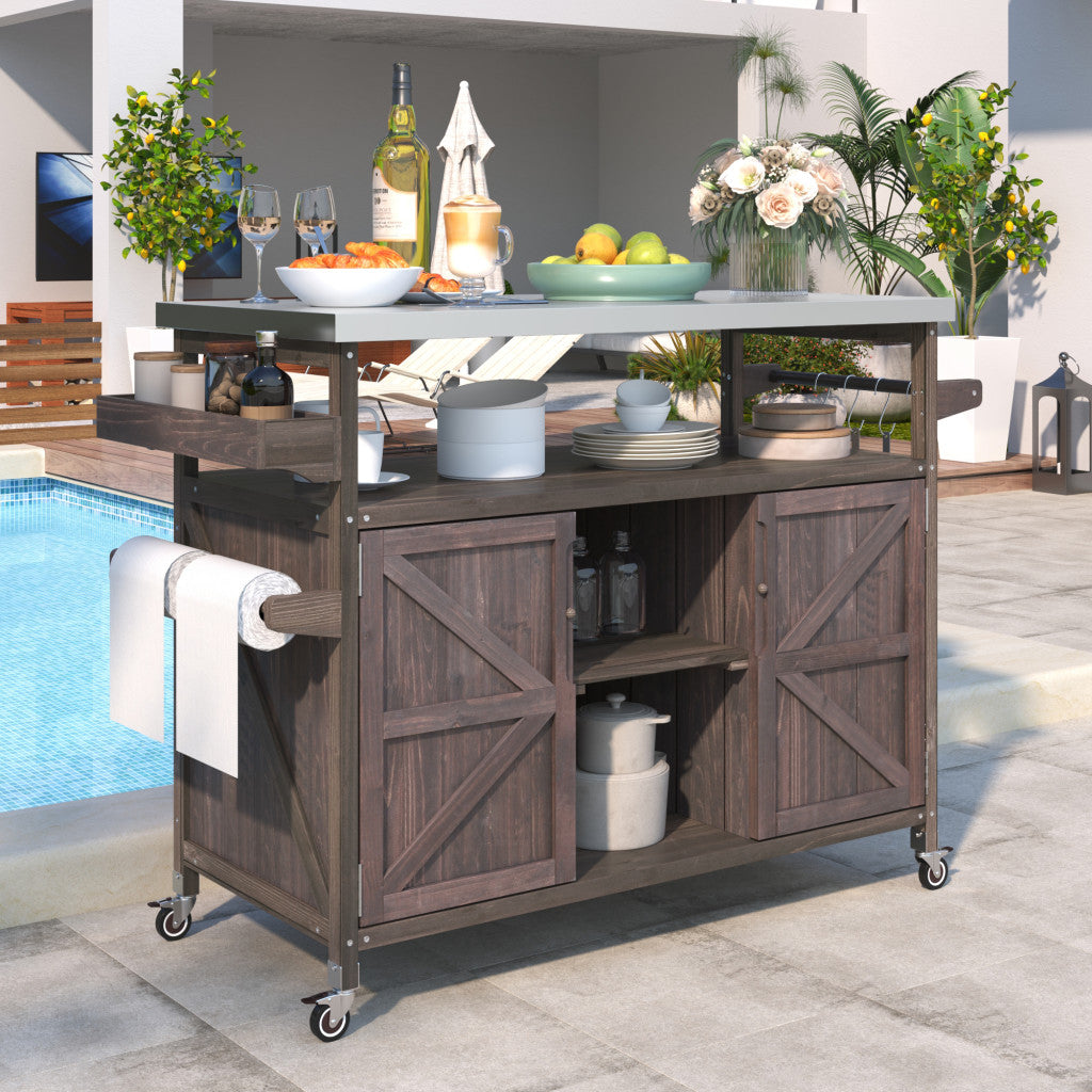 50" Natural Wood Rolling Kitchen Island With Storage