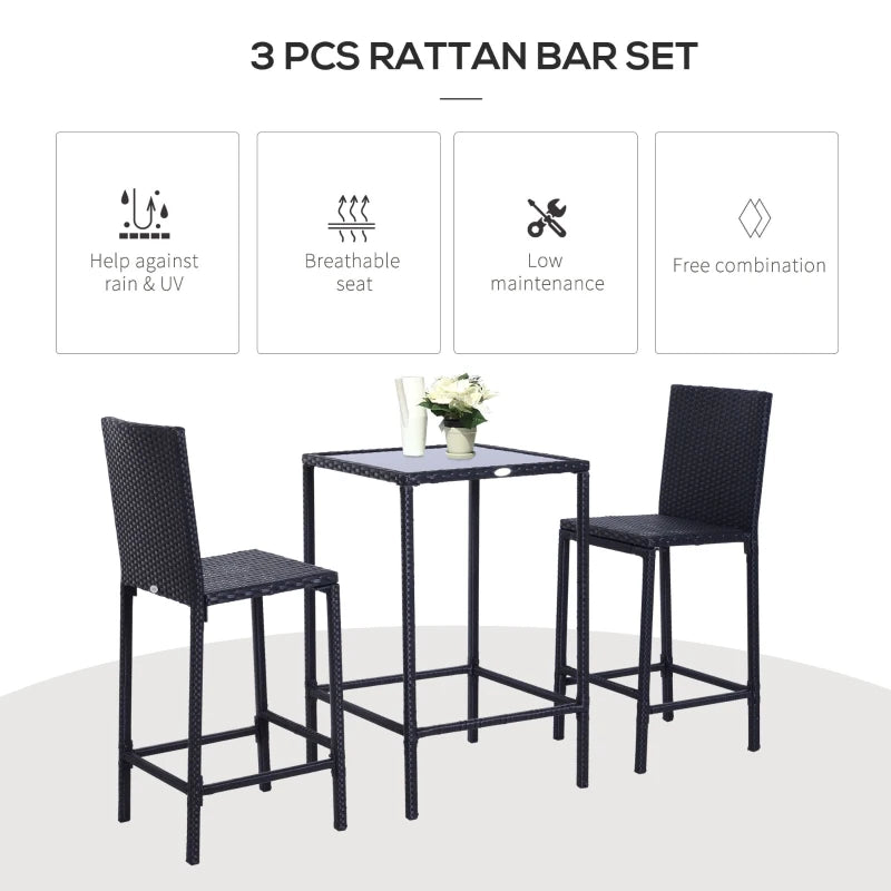 Outsunny 3pcs Rattan Bar Set with Glass